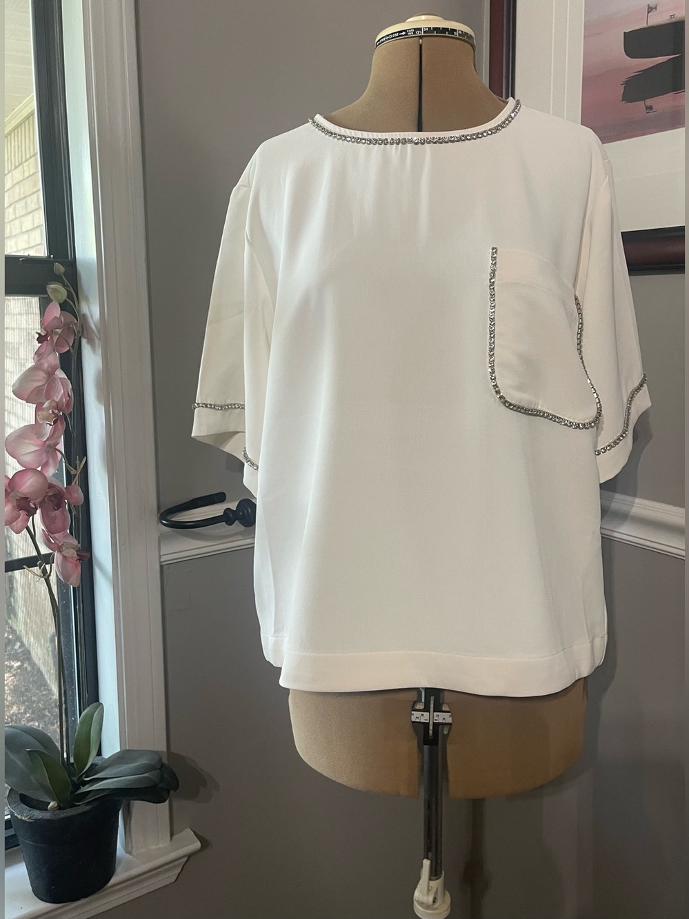 LOFT White Short-Sleeve Top with Rhinestone Trim
